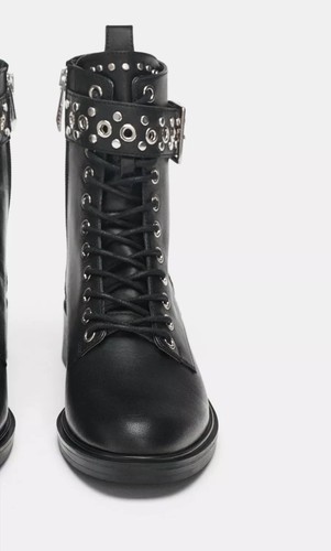 Zara Black Leather Studded Military Style Biker Ankle Boots UK7 EU40 US9 # 619 - 第 6/9 張圖片