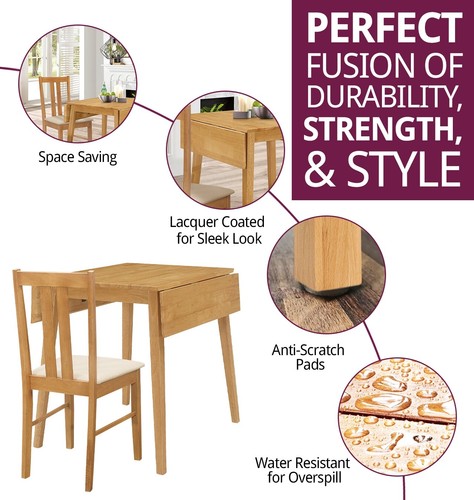 Dining Set, Small Solid Wood Drop Leaf Kitchen Table & 2 Light Oak Dining Chairs - Picture 2 of 8
