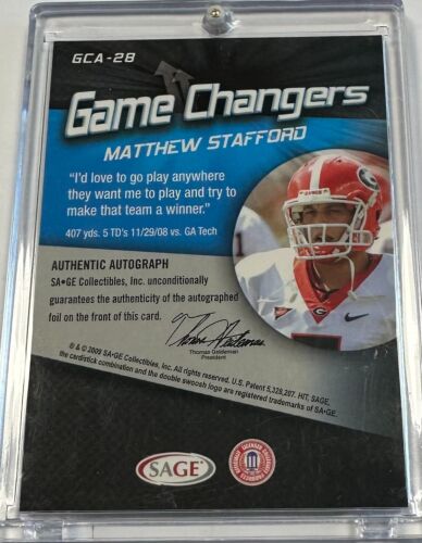 2009 SAGE Hit - Game Changers Autographs #GCA-28 Matthew Stafford /100 (AU, RC) - Picture 2 of 2