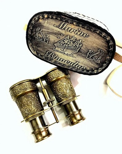 Antique Vintage Maritime Brass Marine Nautical Binocular with Leather Box Gift - Picture 2 of 3