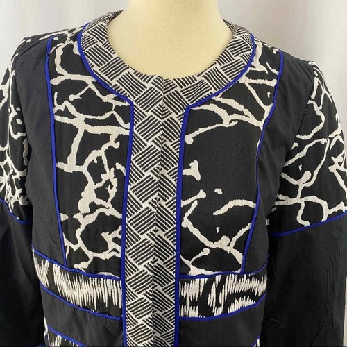 Chico's Artisan Jacquard Blocked Pattern Jacket No Two Are Alike Blue Piping NWT - Picture 2 of 12