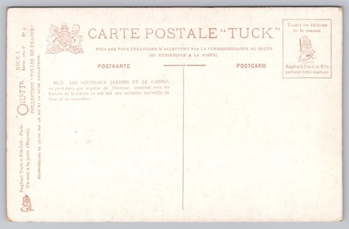 1910s Tuck Oilette - Nice, France - Gardens & Casino Art Card, Unposted Postcard - Picture 2 of 3
