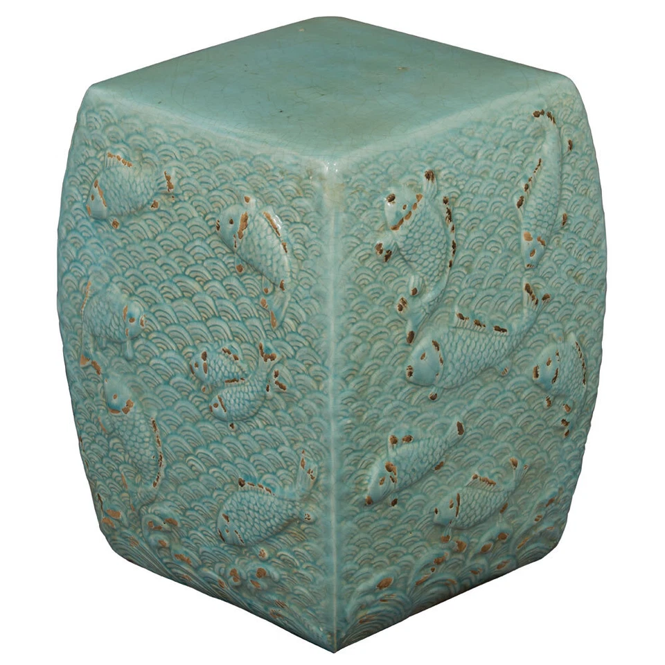 US Seller - Distressed Celadon Porcelain Koi Fish Pond Asian Garden Stool - Image 2 of 4