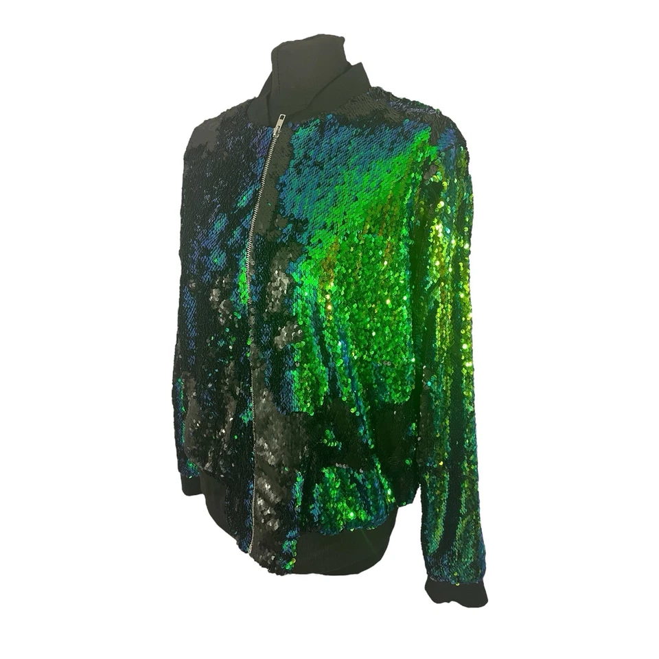 Chaqueta Haoduoyi Verde Azul Negro Lentejuelas Cremallera Chaqueta, Mujer’s L Foto 4 de 4