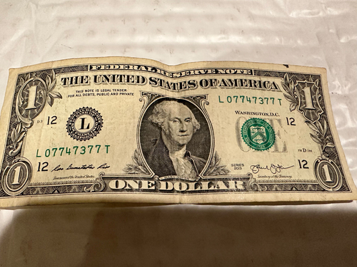 FANCY SERIAL NUMBER $1 ONE DOLLAR BILL 07747377 Circulated Lucky 7 - Picture 1 of 2