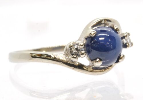 10k White Gold Blue Star Sapphire Gemstone Right Hand Ring Diamond Accents - Picture 6 of 6