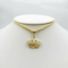 10K Yellow Gold King Crown Charm Pendant Rope Chain 18 20 22 24 26 Inch 3mm 