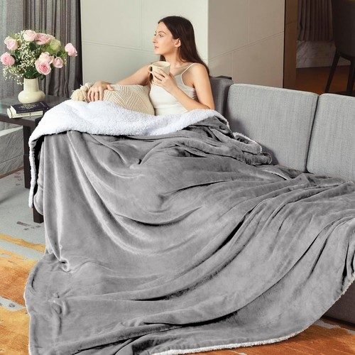 Sherpa Blanket Queen Reversible Soft Plush Sofa Bed Throw Blankets 90x90 Inches - Picture 10 of 66