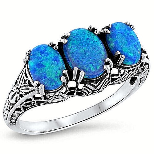 DEKO RING ANTIK STIL 925 STERLINGSILBER LABORGEFERTIGT BLAUER FEUEROPAL #428 - Bild 1 von 2