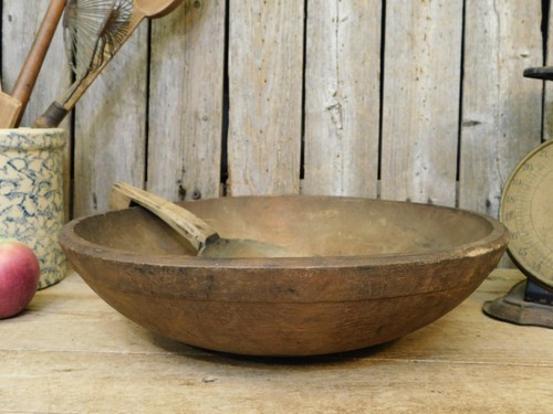 Early New England Antique 13" Primitive Wooden Dough Bowl w/ Butter Paddle AAFA - Picture 16 of 22
