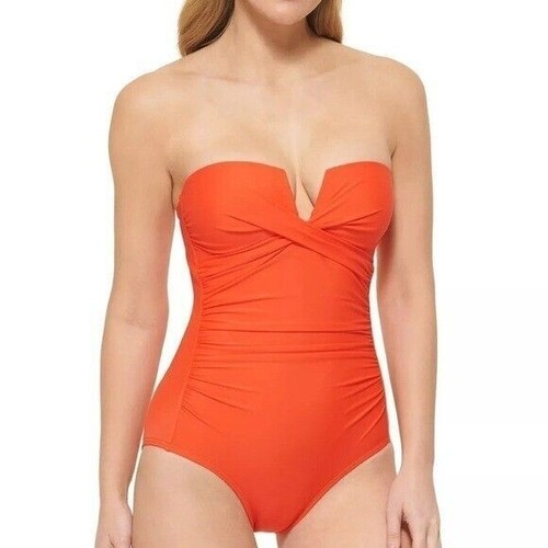 CALVIN KLEIN Women's Split-Neck Bandeau Removable-Strap Tummy-Control Swimsuit 6 - Picture 4 of 13