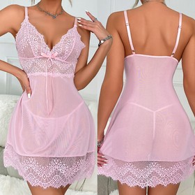 Pink Sexy Lingerie Set Lace Bra Garter Nightwear Underwear Lace Dress Pajamas US