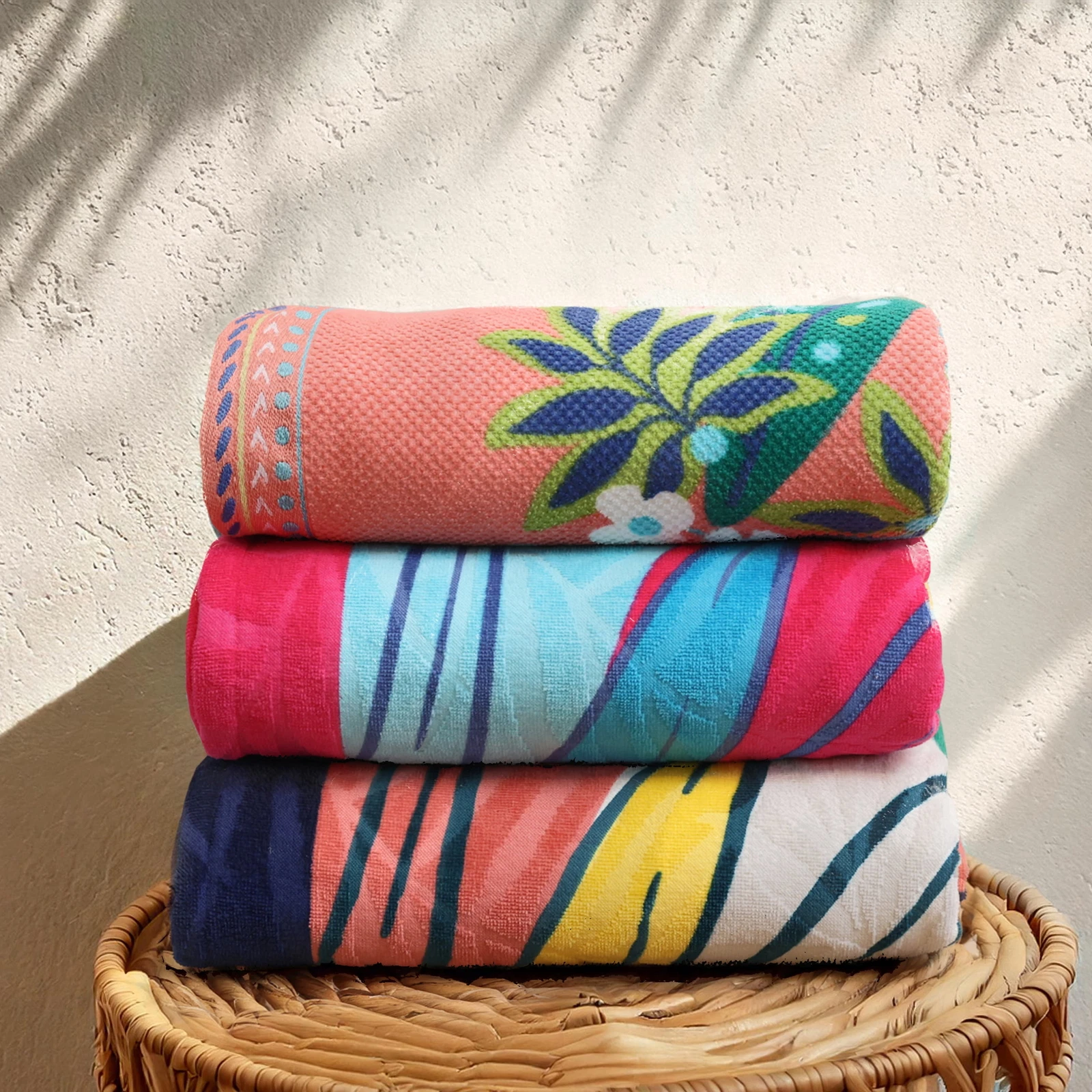 Oversized Printed Palm Coral 100% Cotton Velour Beach Towel,
