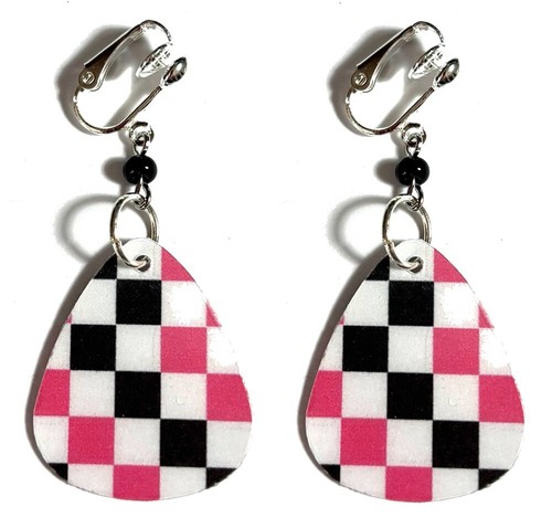 Black White &Pink Checkered Guitar Pick Pierced or Clip on Dangle Earrings(GP059 - Picture 3 of 3