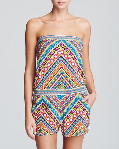 NWT $150 Trina Turk Peruvian Stripe Bandeau Romper Swimsuit Cover-up Women's S - Picture 1 of 7