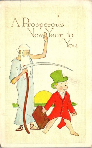 Prosperous New Year Postcard Father Time with Scythe & Baby in Top Hat 1914  - Picture 1 of 3