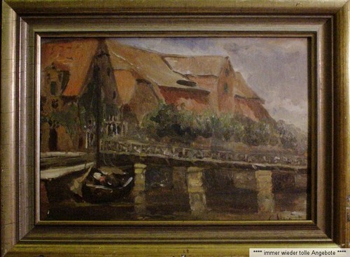 Gerda HUNDT-OSTERLÜND (1874-1943) Tableau ventes exceptionnelles vers 1930 : BATEAU SUR PONT AU MAGASIN