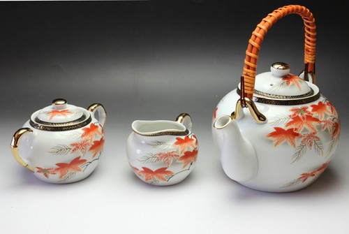 21-teiliges Herbst Ahornblätter Porzellan Geisha Lithophan japanischer Tee Set NEU - Bild 9 von 13