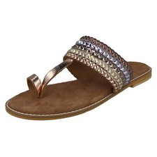 Leather Collection Womens Metallic Toe Ring Sandals