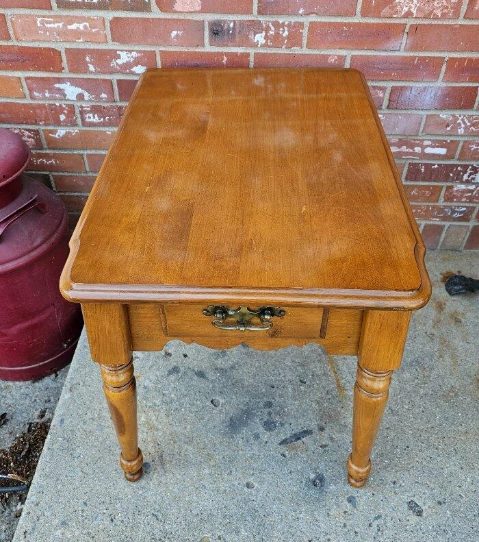 Mesa auxiliar vintage de arce macizo 1 cajón mesita de noche planta helecho mesa Foto 3 de 4