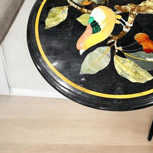 Mesa de centro de lujo de 24" con incrustaciones de mármol negro artesanal de marquetería floral Art Deco - Imagen 2 de 9