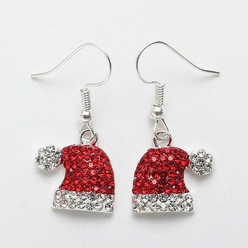 Christmas Xmas Crystal Red Santa Hat Stud Earrings Womens Party Jewelry - Picture 5 of 7