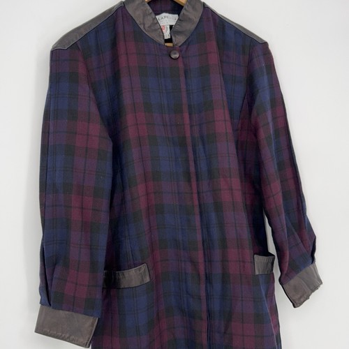 Ted Lapidus Couture Damen Mantel marine burgund kariert Lederbesatz FR 42 - Bild 2 von 7