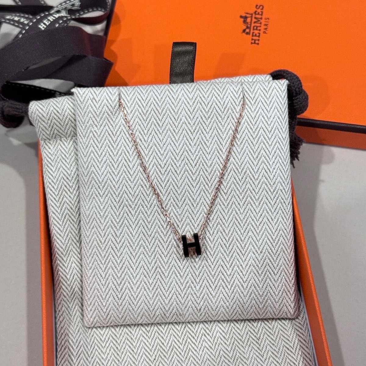 NEW HERMES MINI POP H NECKLACE PENDANT BLACK ROSE GOLD | eBay