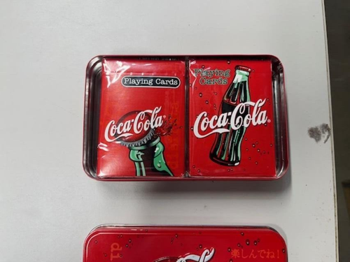 Coca Cola Metal Tin With Lid Plus 2 Decks Coke Logo Playing Cards NEW!! - Picture 2 of 4