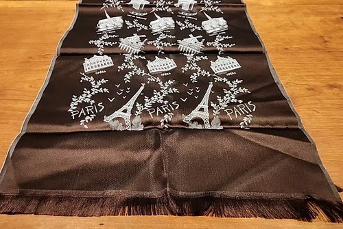 Vintage PARIS Landmarks Scarf Table Runner Brown & Silver Woven Silk 48" x 12"  - Picture 4 of 7