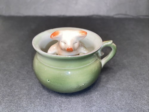 Vintage Deutsche Verkleidung Rosa Schwein Grün Tee Tasse Zahnstocher Halter Porzellan Germany *** - Bild 12 von 14
