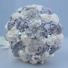 Handmade Luxury Silk Rose Rhinestone Pearl Brooch Wedding Bridal Bouquet
