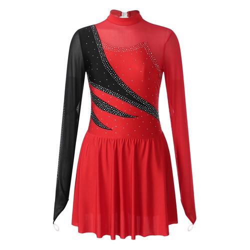 FEESHOW AU Women Rhinestone Long Sleeve Figure Skating Costume Color Block Dance - Picture 11 of 64