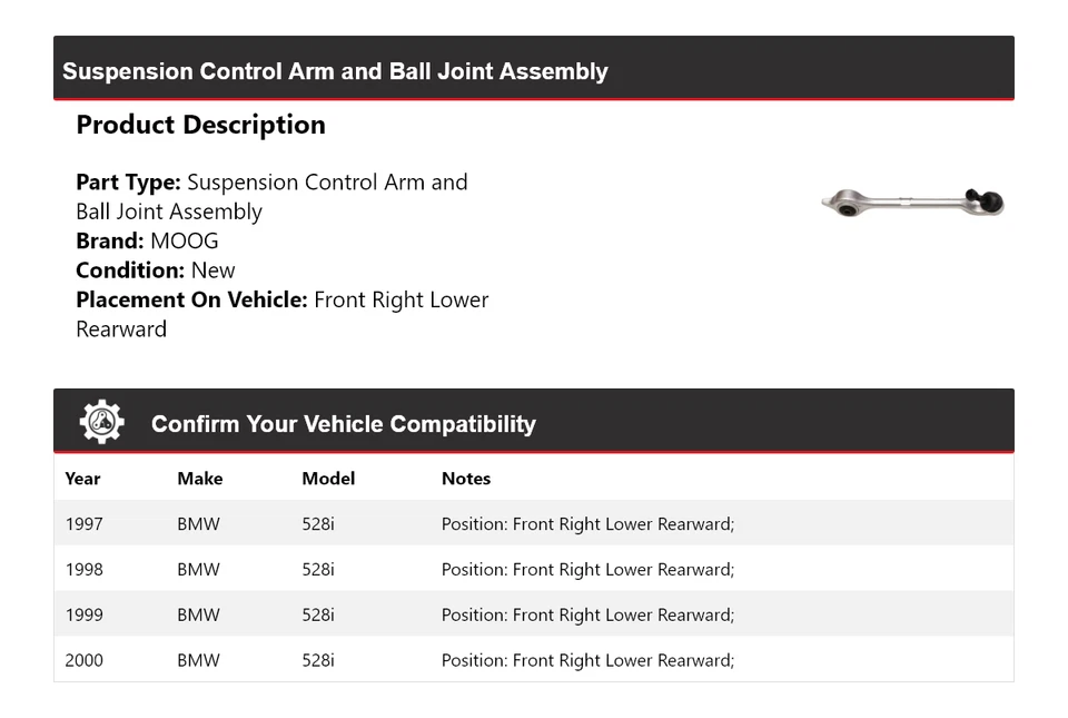 Brazo de control delantero derecho inferior trasero MOOG 1997-2000 BMW 528i 1997-2000 Foto 2 de 4
