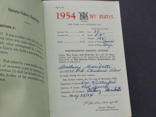 ¡Licencia de pesca de no residente Ontario Canadá 1954 vintage!! - Imagen 2 de 5