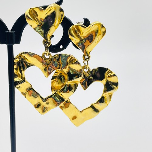 Gold Tone Pierced Earrings Lot of 2 Hammered Hearts Triangle Enameled - Picture 17 of 17