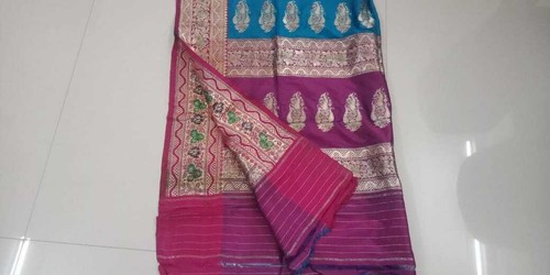 Om Vintage Pure Silk Zari Work Brocade Multipurpose Blue Piece Fabric M243 - Picture 7 of 7