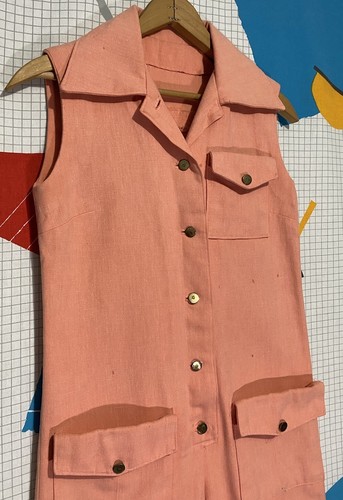 Vintage 70s Romper Bell Bottom Jumpsuit Wide Leg Disco Hippie Peach Mod 60s - Picture 4 of 20