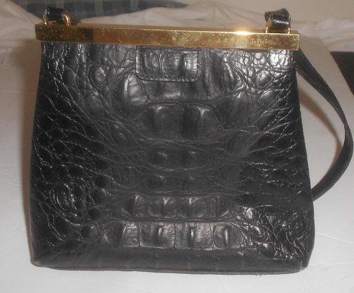 Vintage Unique Lamarthe Paris Black Calfskin Leather Croc Embossed Handbag Italy - Picture 2 of 10