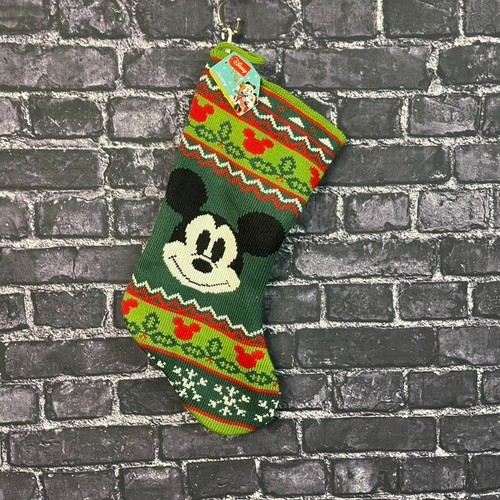 Disney Mickey Mouse 19" Knit Christmas Stocking Snowflakes Mistletoe - Afbeelding 1 van 8