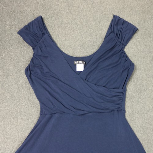 Venus Flowy V-Neck Sleeveless Mini Dress Ruched Shoulders Stretchy Navy Blue S - Picture 3 of 21