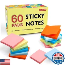 Sticky Notes, Shuttle Art 60 Pads Bright Stickies, 6 Assorted Colors, 3x3 Inc