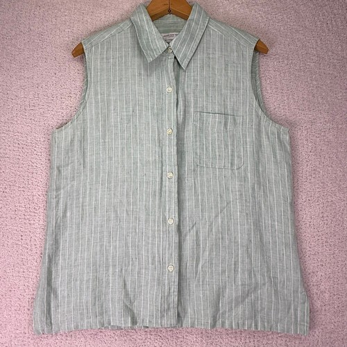 Jones New York Sport Top Damen 12 grün gestreift Leinenmischung Knopfleiste Shirt