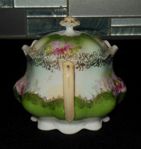 M Z AUSTRIA HAND PINTED PINK FLORAL SUGAR BOWL WITH LID 1884 - Picture 3 of 7