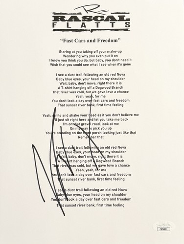 Gary Levox Signed Autographed Rascal Flatts Fast Cars & Freedom Lyric Sheet JSA  - Picture 1 of 2