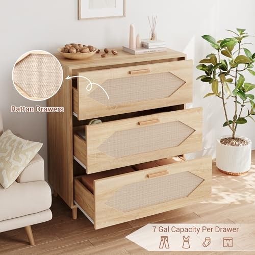 Dresser for Bedroom with 3 Drawers, Rattan Dresser with Spacious Storage, - Picture 5 of 7
