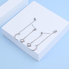 925 Sterling Silver Moon  Star Earrings   Crescent Dangle w/ Cubic Zirconia