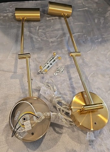 Brass Swing Arm Wall Lamp Electric A-Gold 2 PK Hardwired / Plug-in Adjust Sconce - Picture 4 of 10