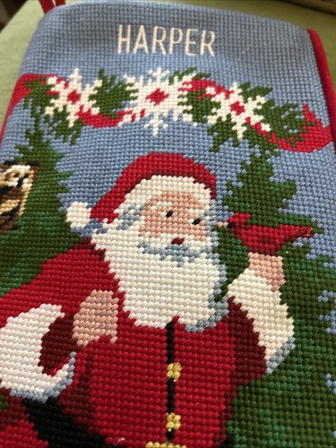 L.L. Bean Christmas Stocking Wool Needlepoint Santa Reindeer Embroidered"Harper” - Picture 3 of 6