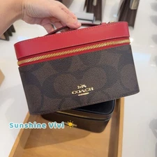 NWT Coach Cosmetic Case In Maxi Signature Canvas CCI84 Walnut/True Red